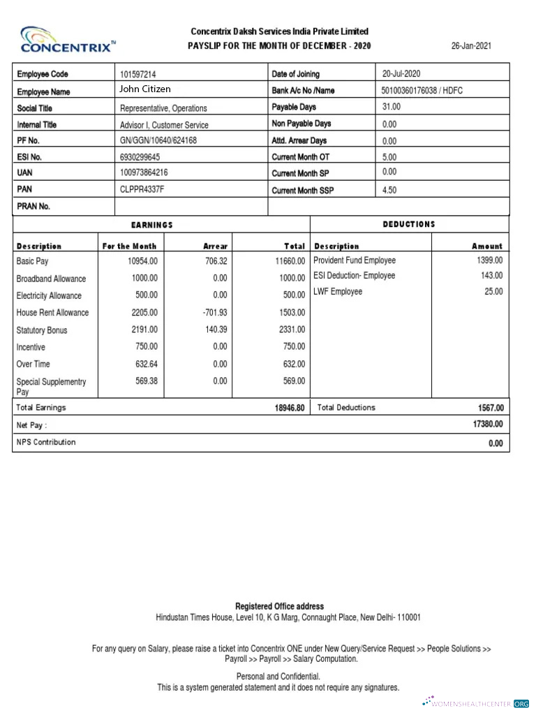 Download INDIA CONCENTRIX Daksh Services India private Limited payslip in Word and PDF formats Photoshop template